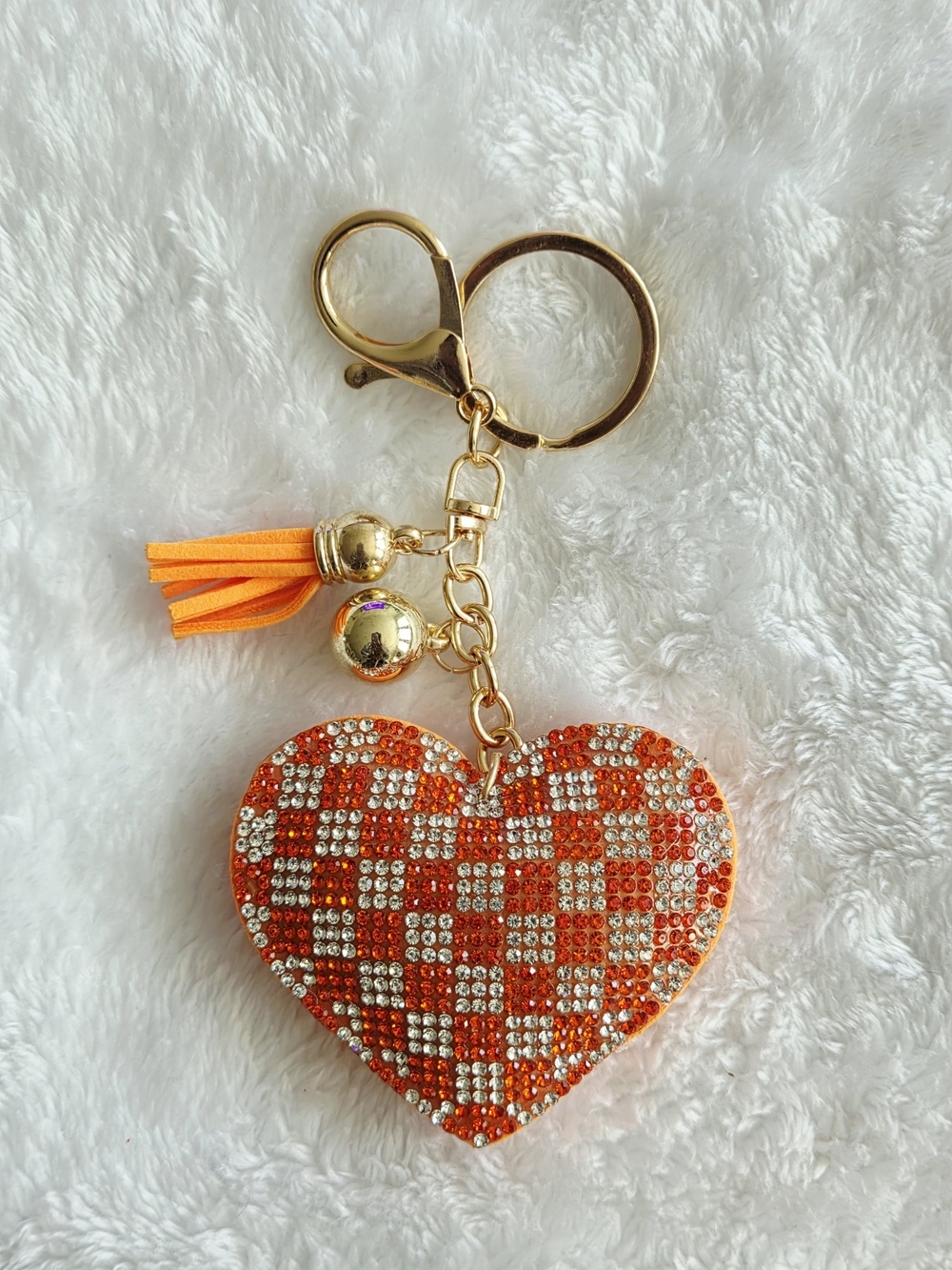 Orange Rhinestone Heart Keychain with Tassel Bling Bag Charm